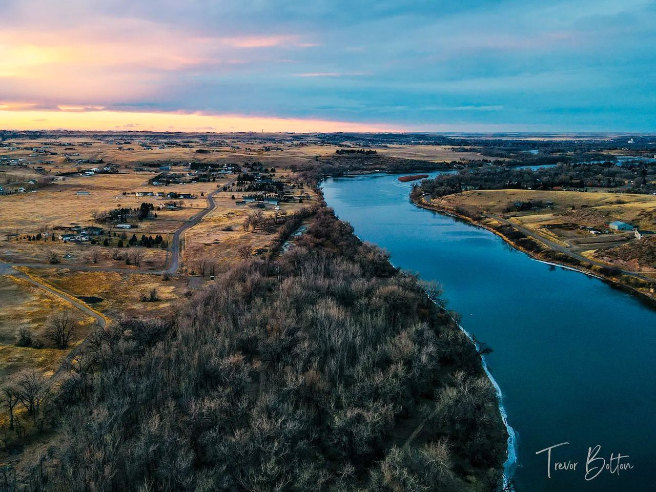 Sunset over the Missouri River near Great Falls, drone photo by Trevor Bolton